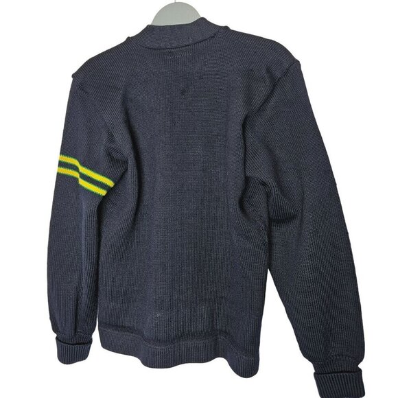 Vintage Men's Navy Lettermans Cardigan Sweater Yellow‎ Stripes Pockets Flawed S - Picture 2 of 11